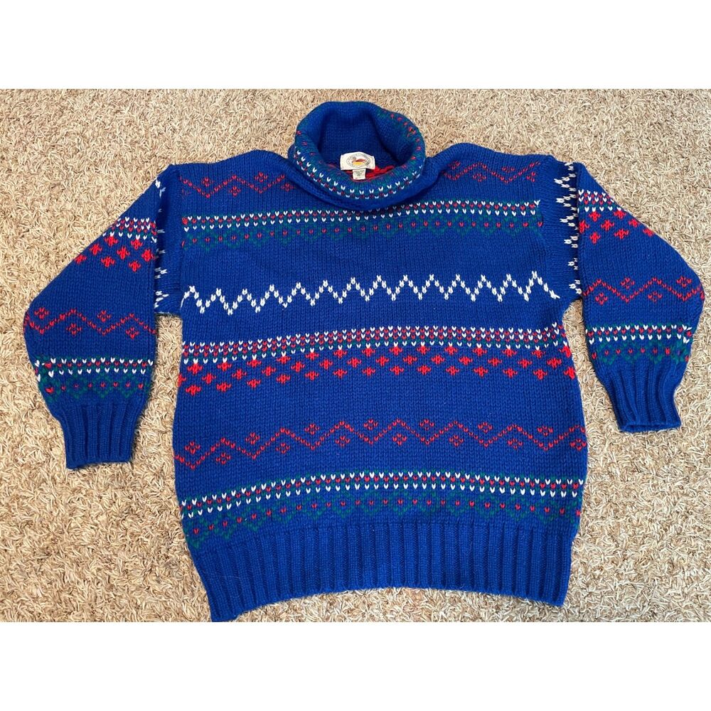 Vtg Marsh Landing Turtleneck Sweater 100% Wool Blue White Red Green Size M